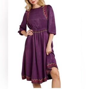 Umgee Purple Satin Round Neck Embroidery Midi Dress